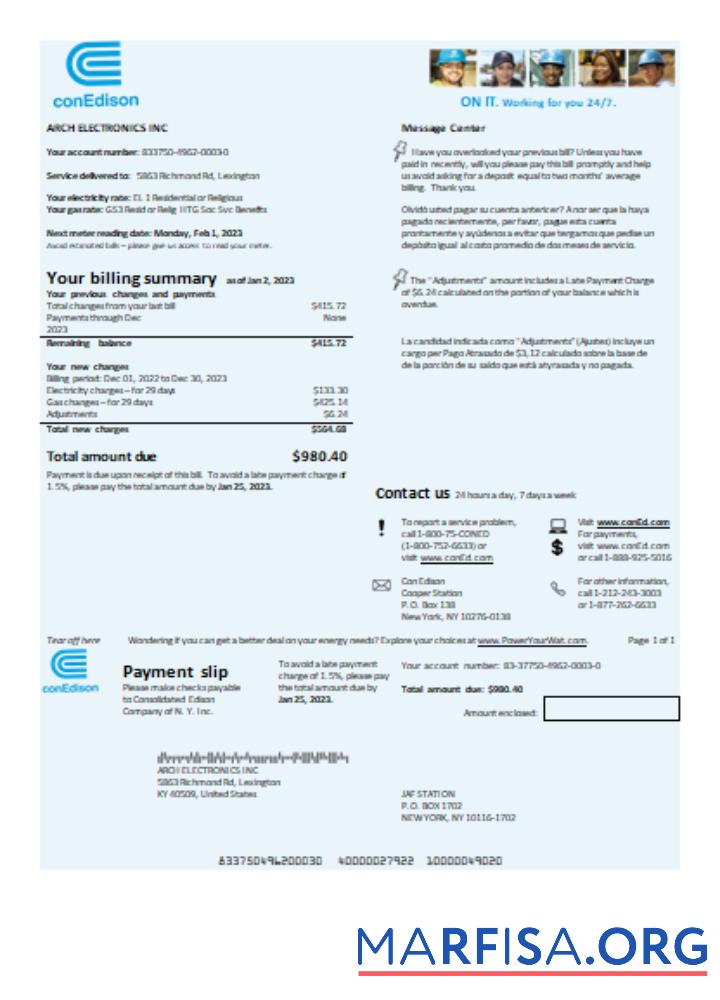 Realistic Con Edison electricity utility business bill SCR download for verification